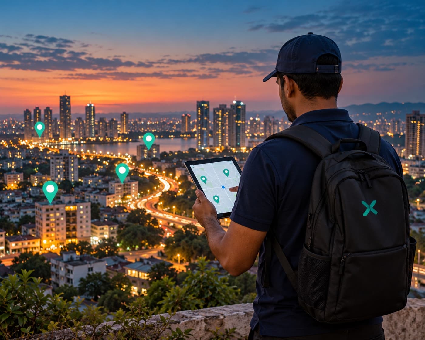 A Xentra executor using a tablet on a city street at dusk